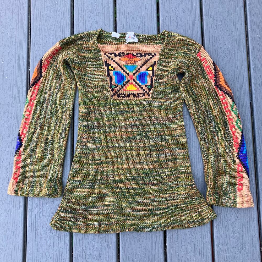 Vintage 70s long green sweater, Vicki Volts, bohemian hippie